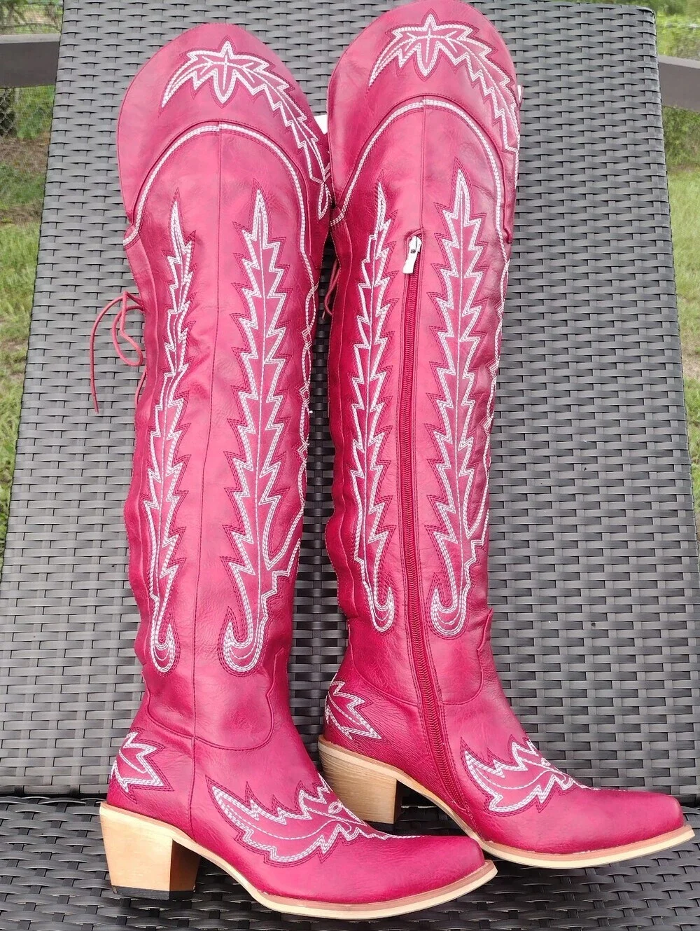 Red Over-the-Knee Western Cowboy Boots Lace-Up Snip Toe 7.5